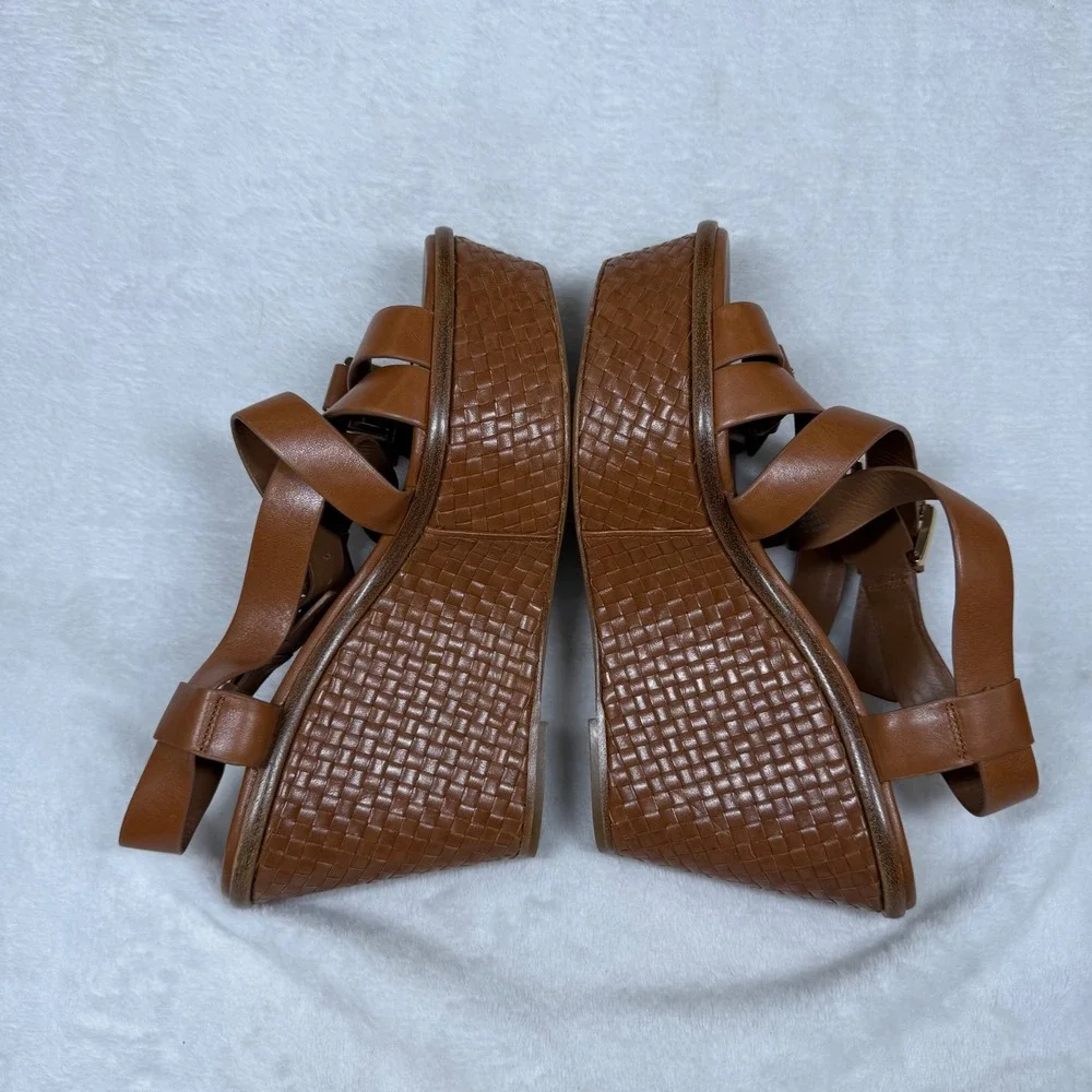 Michael‎ Kors Collection Tan Leather Woven Platform Wedge Sandals 38.5/8